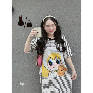 Đầm suông hoạt hình form rộng hoạ tiết sọc ngang bầu bì bon chen được luôn nha khách