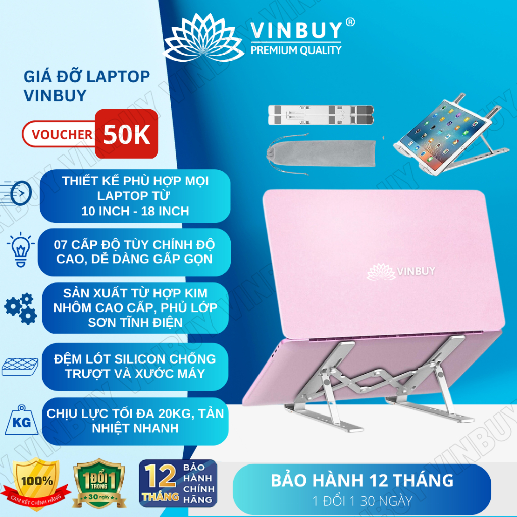 Giá đỡ laptop máy tính macbook ipad bằng hợp kim nhôm cao cấp có thể điều chỉnh được độ cao - Hàng chính hãng Vinbuy