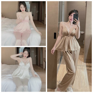 Đồ bộ mặc nhà 2 dây bông bi lụa latin siêu mát