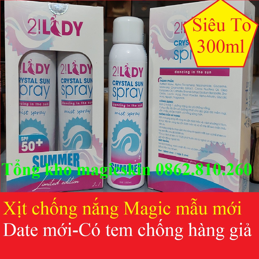 [MẪU MỚI 300ML] xịt chống nắng 2LADY Crystal Sun Spray 3in1 magic skin [Chính hãng magicskin]