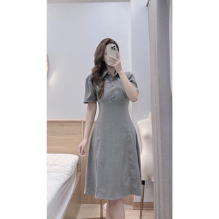 Váy midi cúc bọc tay bồng