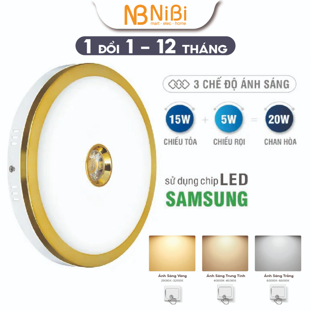 Đèn ốp trần 3 chế độ màu Roman ELT8010, đèn led ốp trần viền vàng công suất 20W, đèn ốp nổi bảo hành 12 tháng