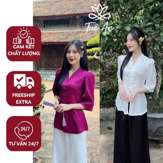Áo bà ba nữ cách tân cổ v, đồ lam đi chùa đi lễ dành cho phật tử, pháp phục đi chùa lịch sự - tuệ an