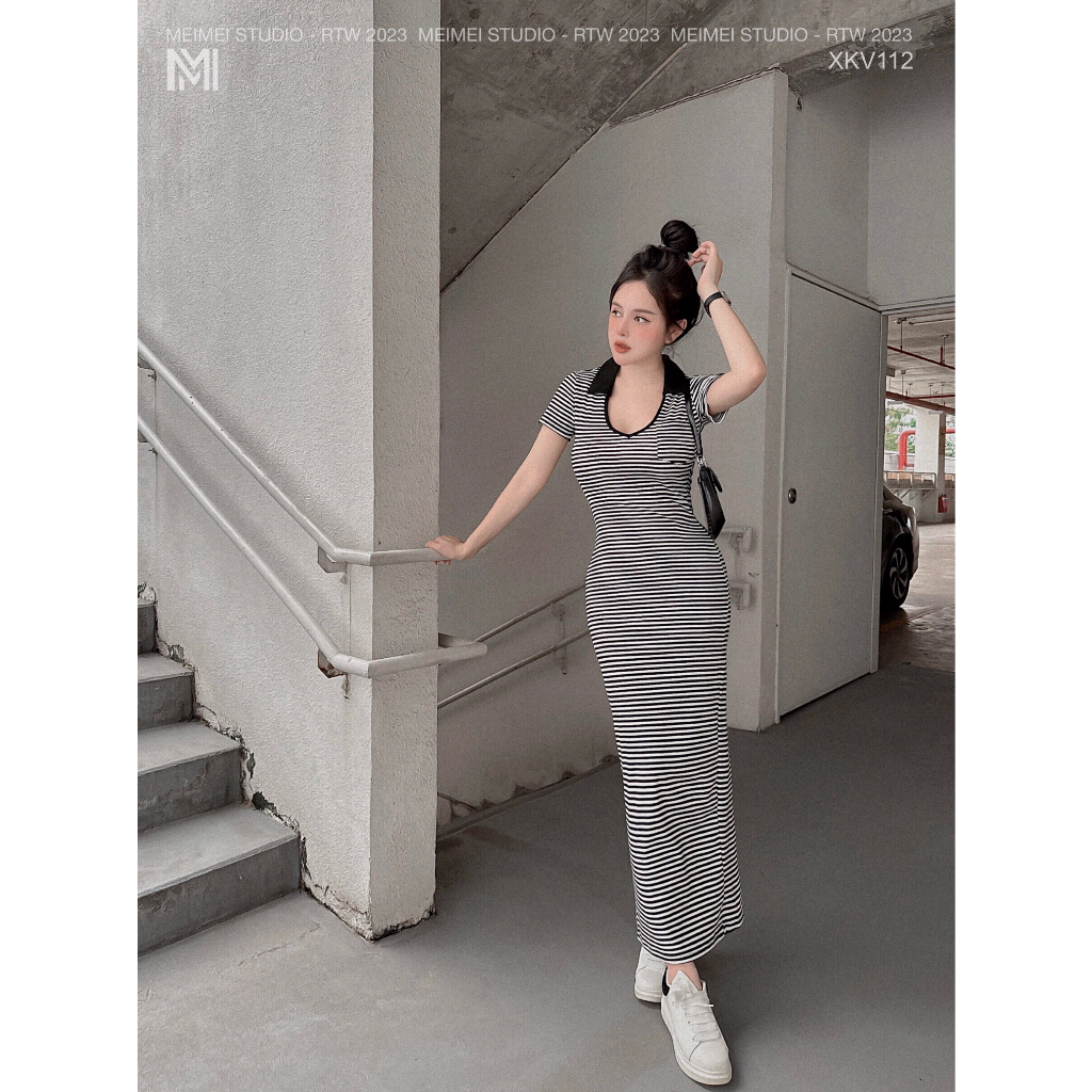 Đầm maxi kẻ cộc tay, Váy ôm body dáng dài cổ bẻ, vải co giãn thoải mái, mặc đi chơi, đi biển | XKV112 | Meimei Studio