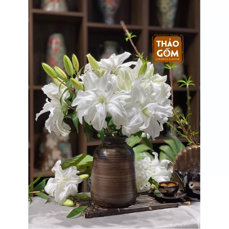 Bình cắm hoa gốm sứ Bát Tràng men nâu mộc vai vuông vintage trang trí phòng khách đẹp