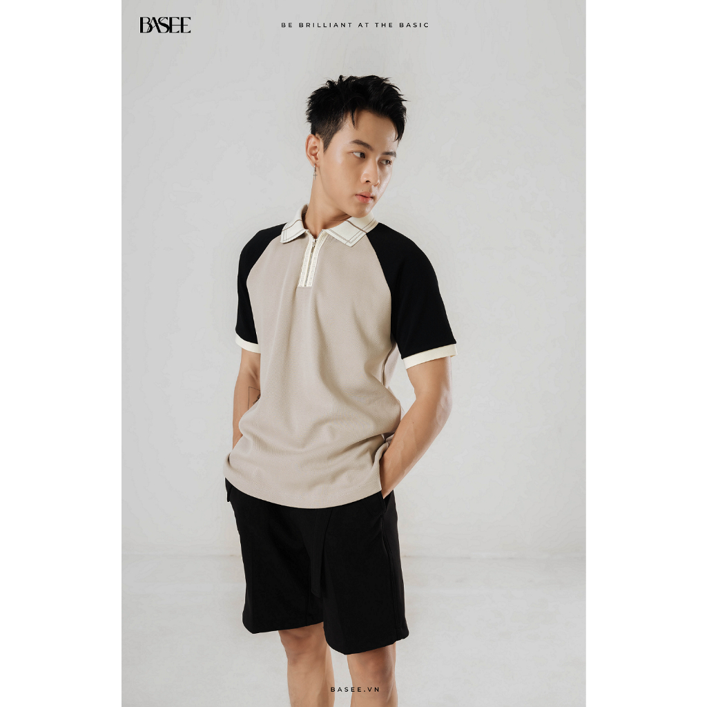 Áo polo nam cao cấp BASEE dây kéo phối raglan, sang trọng, tinh tế, thời trang