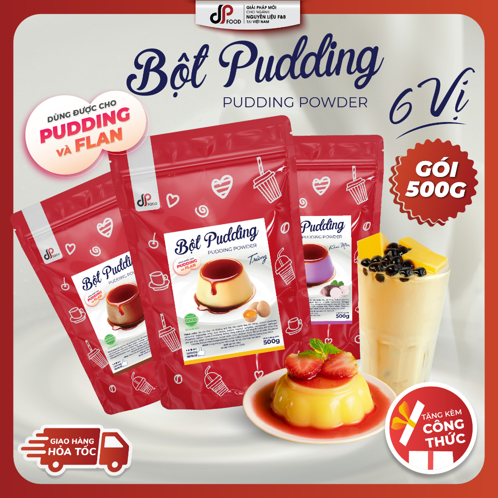 Bột Pudding DPFOOD loại 500G - Vị Trứng, Chocolate, Matcha, Dâu, Khoai môn - Tặng kèm công thức chi tiết