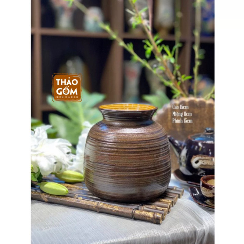 Bình cắm hoa gốm sứ Bát Tràng men nâu mộc vai vuông vintage trang trí phòng khách đẹp