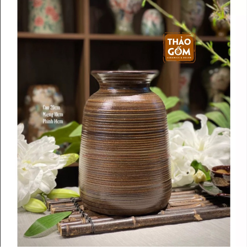 Bình cắm hoa gốm sứ Bát Tràng men nâu mộc vai vuông vintage trang trí phòng khách đẹp