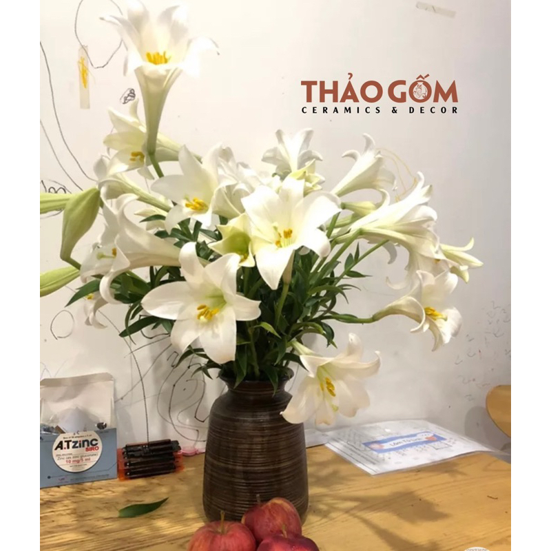 Bình cắm hoa gốm sứ Bát Tràng men nâu mộc vai vuông vintage trang trí phòng khách đẹp