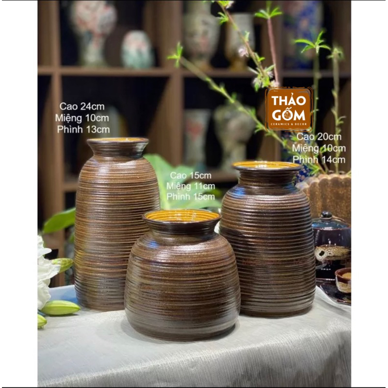 Bình cắm hoa gốm sứ Bát Tràng men nâu mộc vai vuông vintage trang trí phòng khách đẹp