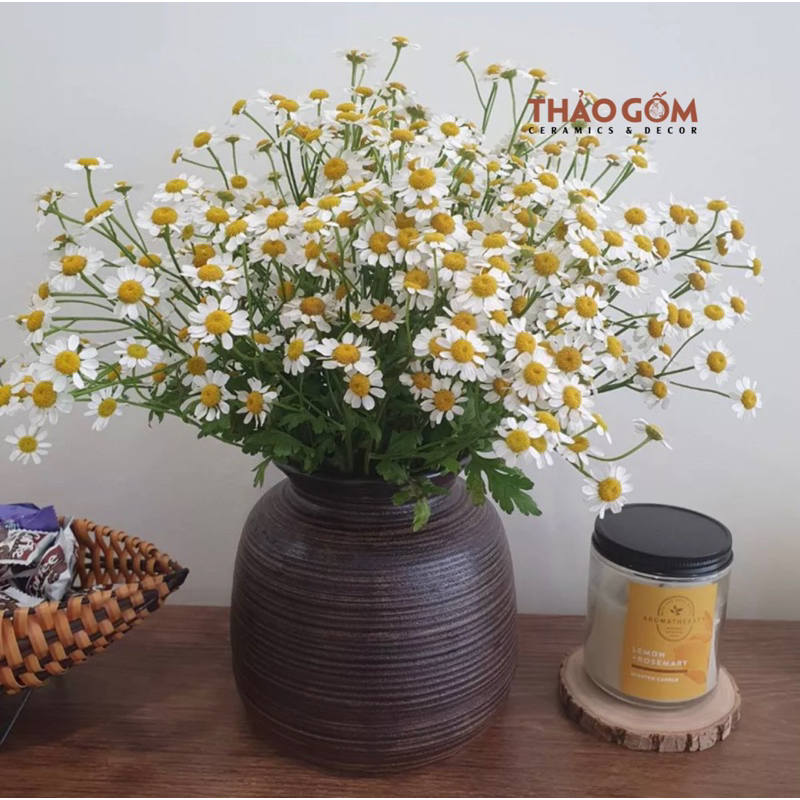 Bình cắm hoa gốm sứ Bát Tràng men nâu mộc vai vuông vintage trang trí phòng khách đẹp