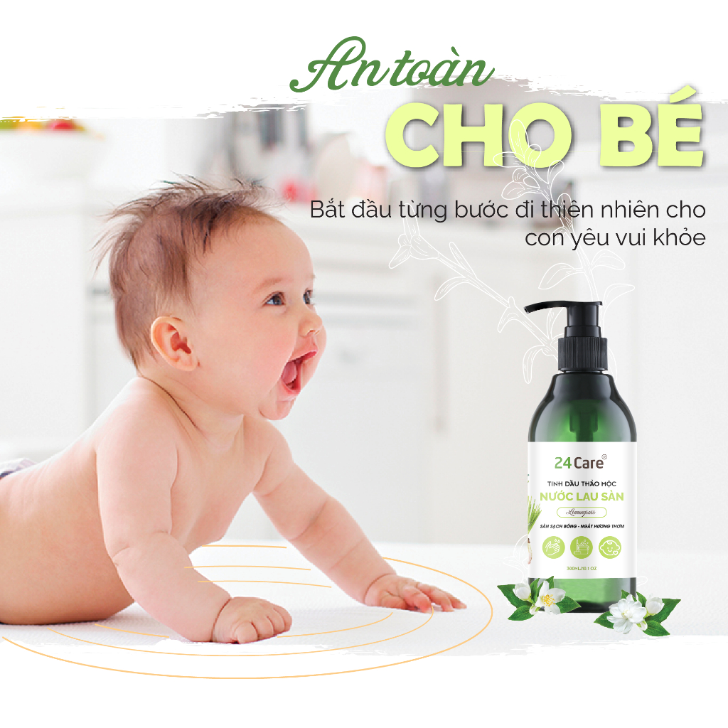 Nước lau sàn hữu cơ 24Care Sả Chanh 300ml/ 1000ML - 100% thảo mộc, an toàn da tay, đảm bảo sức khỏe cho bé và cả nhà