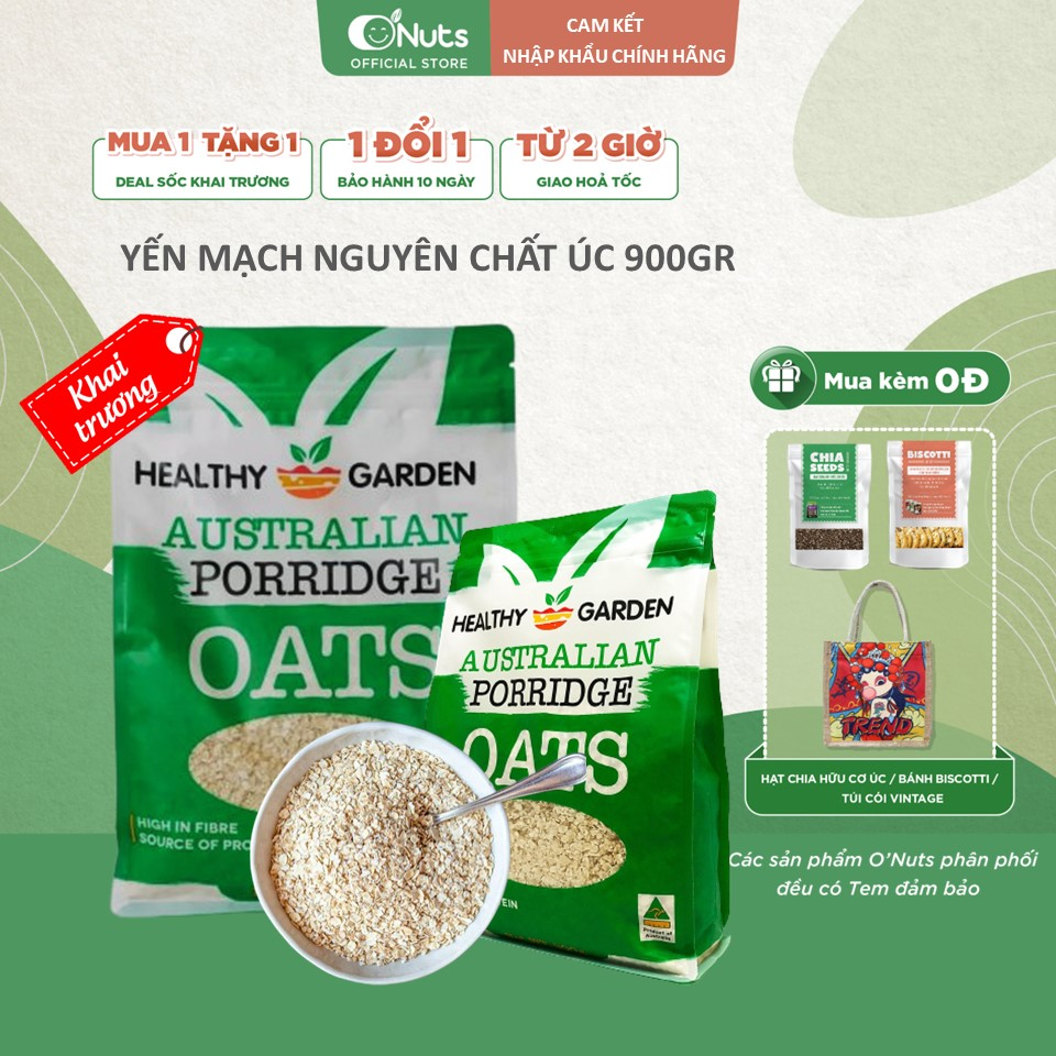 Yến mạch hữu cơ Healthy Garden 900g - Nhập khẩu Úc chuẩn nguyên cám cán dẹt cho trẻ ăn dặm, bà bầu, người giảm cân