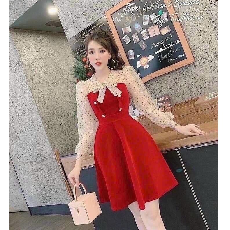Đầm thời trang nữ dự tiệc chất umi cổ tròn tay dài đính nơ phối lưới bi váy dáng xoè mini xinh xắn