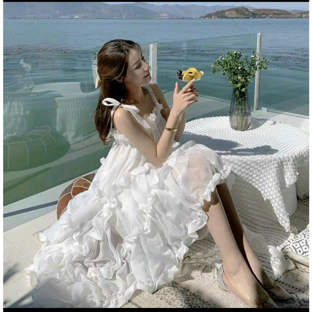 Đầm tắm biển, thời trang nữ dự tiệc chất voan chingfon cổ dây dáng váy dài xoè phối nhún nhiều tầng xinh maxi