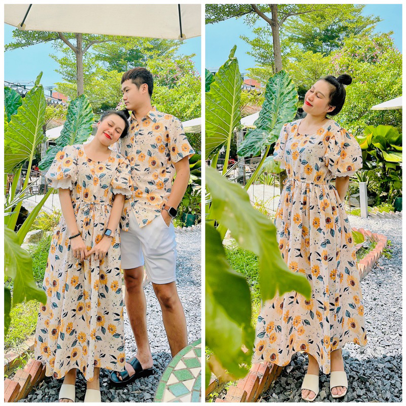 (nữ 73kg bon chen nam max 100kg) Set áo váy đôi hoạ tiết hoa lá vàng rực rỡ đi biển dễ thương Forever Couple Store