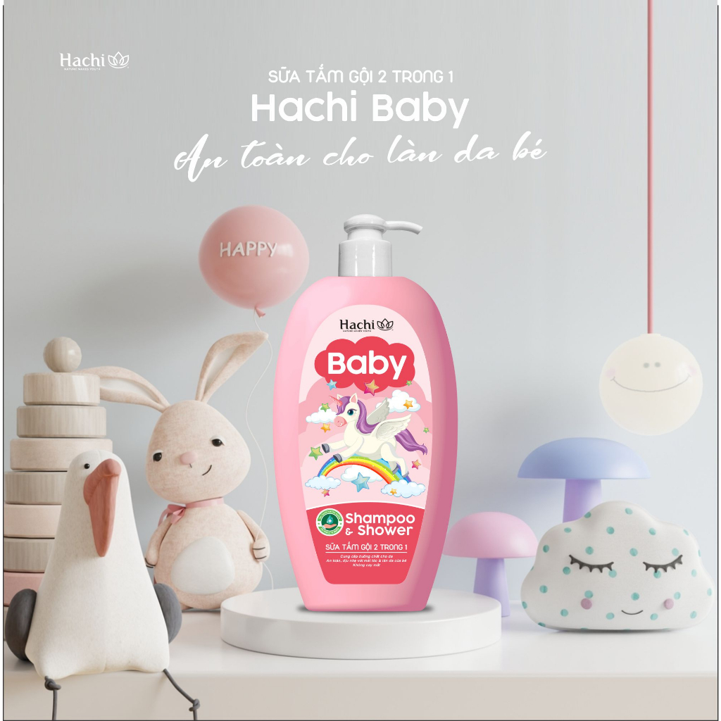 Sữa tắm gội 2 trong1 HACHI Baby Shampoo & shower cung cấp dưỡng chất cho da an toàn dụi nhẹ với tóc và da bé -Chai Hồng