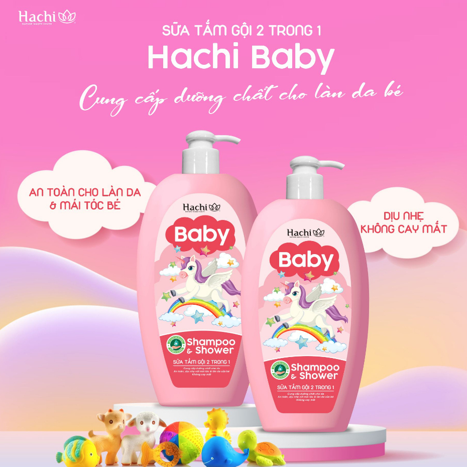 Sữa tắm gội 2 trong1 HACHI Baby Shampoo & shower cung cấp dưỡng chất cho da an toàn dụi nhẹ với tóc và da bé -Chai Hồng