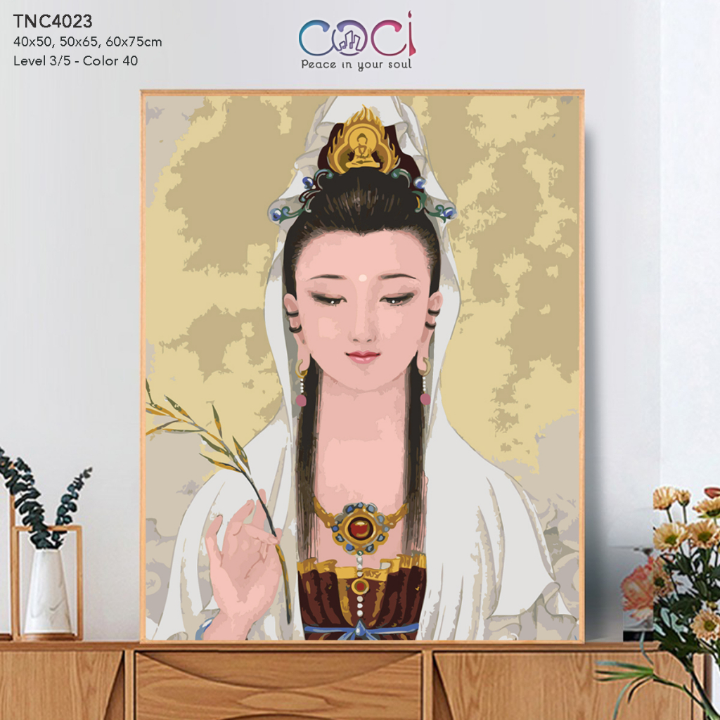 Tranh số hoá Phật giáo Quan Âm Bồ Tát COCI tự tô màu theo số TNC4023 có kèm khung
