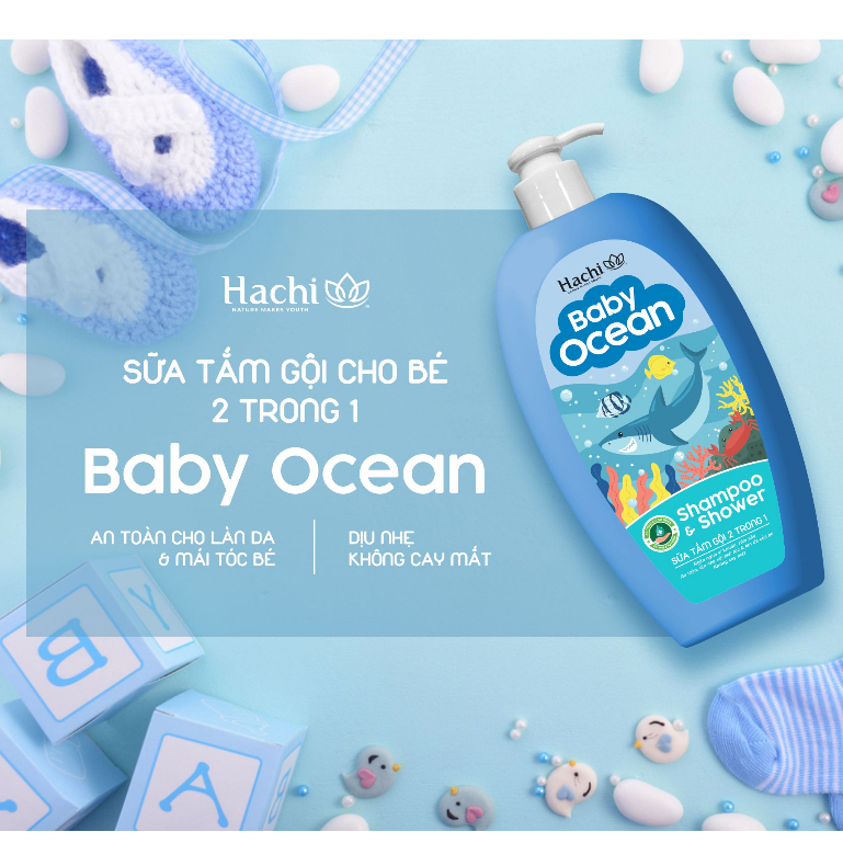 Sữa tắm gội 2 trong 1 Hachi baby ocean Shampoo ngăn ngừa vi khuẩn rôm sảy an toàn cho da và tóc không cay mắt -Chai Xanh