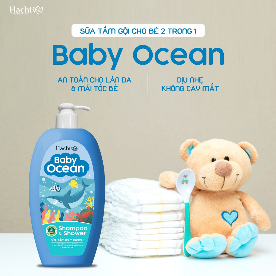 Sữa tắm gội 2 trong 1 Hachi baby ocean Shampoo ngăn ngừa vi khuẩn rôm sảy an toàn cho da và tóc không cay mắt -Chai Xanh