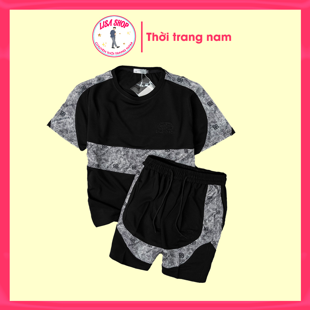 Bộ thể thao nam cộc tay mùa hè đẹp chất vải umi mát thấm hút mồ hôi tốt màu đen phối họa tiết sang trọng