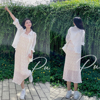 Set đầm voan xếp li nhăn hoa suông kèm áo khoác voan mỏng tay dài có thể cột kiểu như ảnh 2 màu freesize Pumi 14455