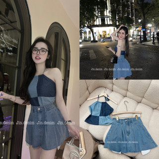 Váy bò 2 dây, Set đầm yếm váy jean, cổ yếm buộc, chân váy bò xếp ly thiết kế cao cấp 017
