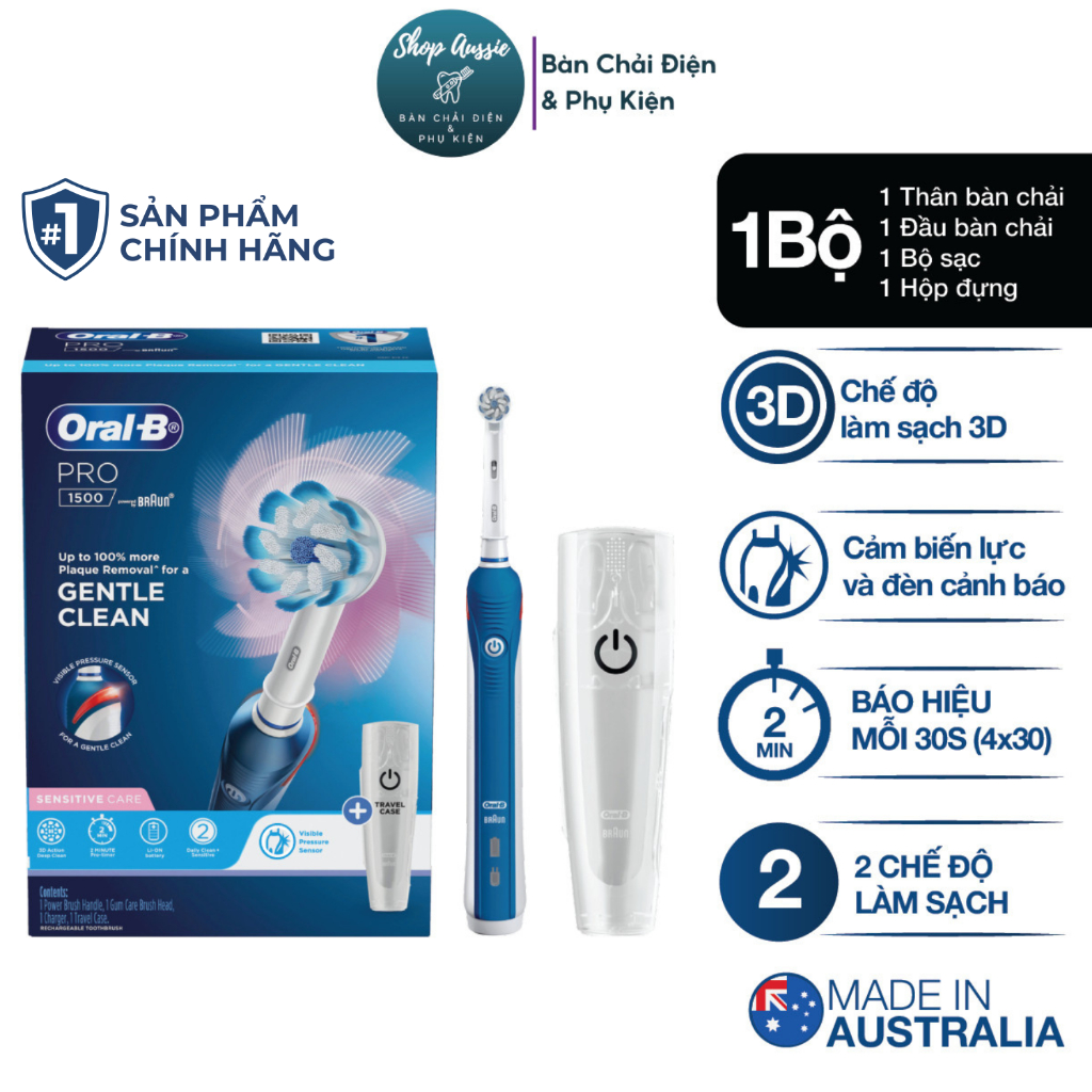 Bàn Chải Điện Oral-B Pro 1500 - Công Nghệ 3DAction, Tích Hợp Cảm Biến Lực, 2 Chế Độ Làm Sạch, Pin 2 Tuần Made In Germany