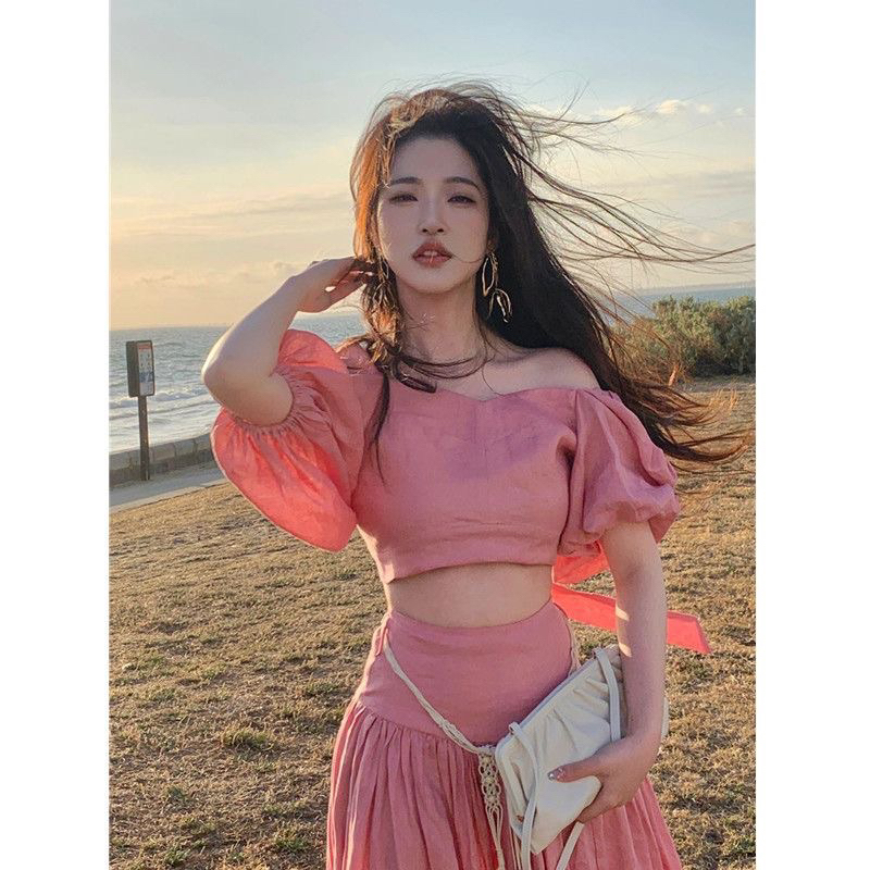 Set Áo Croptop Tay Bồng Chân Váy Dài Xoè Hồng Pastel