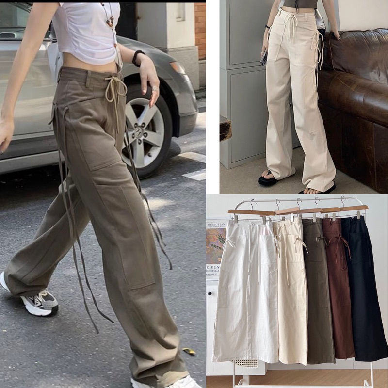Quần kaki túi kiểu lưng cột dây phía sau có chun và 2 dây bên túi trên freesize Pumi 14473