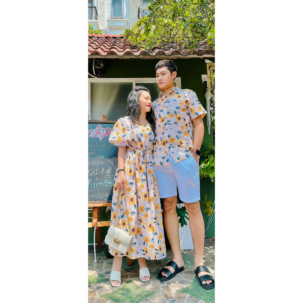 Set đồ đôi nam nữ đi biển mẫu vàng cao cấp thời trang Miamo MO205