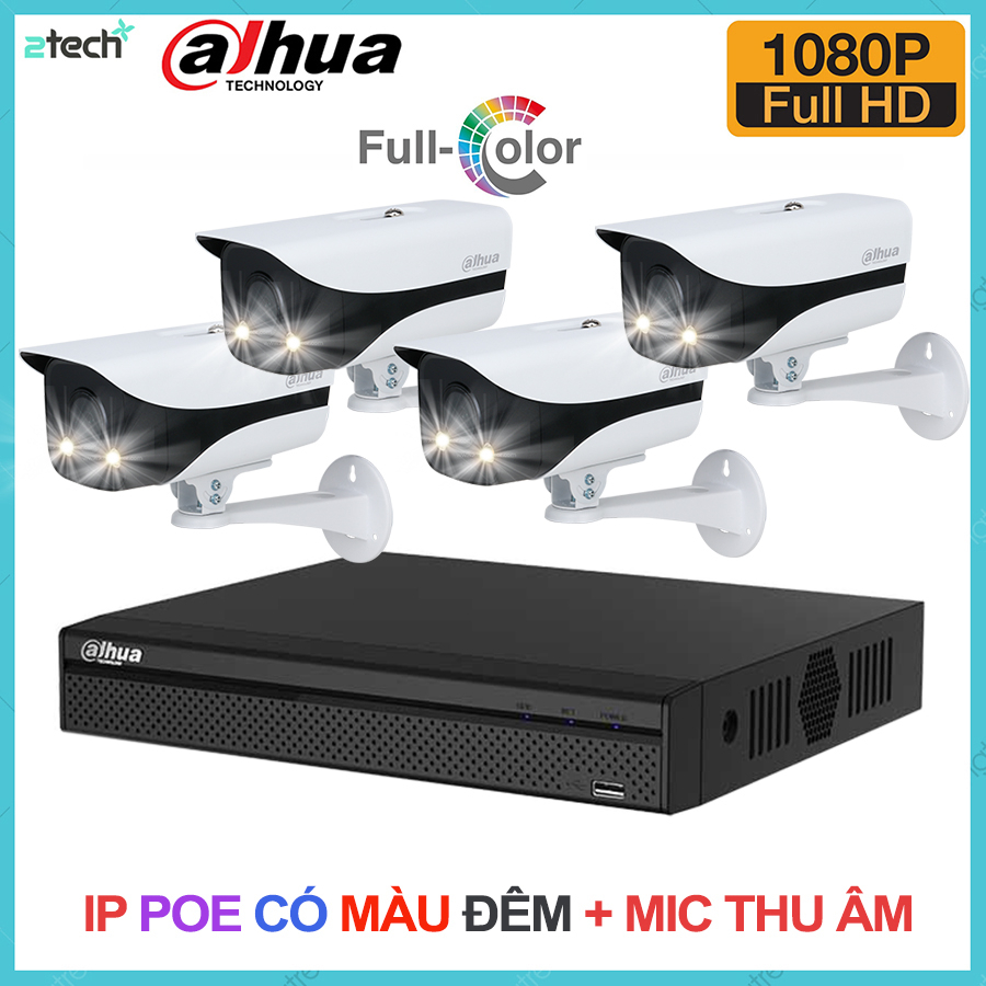 Bộ Camera IP PoE Dahua 2MP Full HD 1080P Có Màu Ban Đêm Tích Hợp Mic Thu Âm