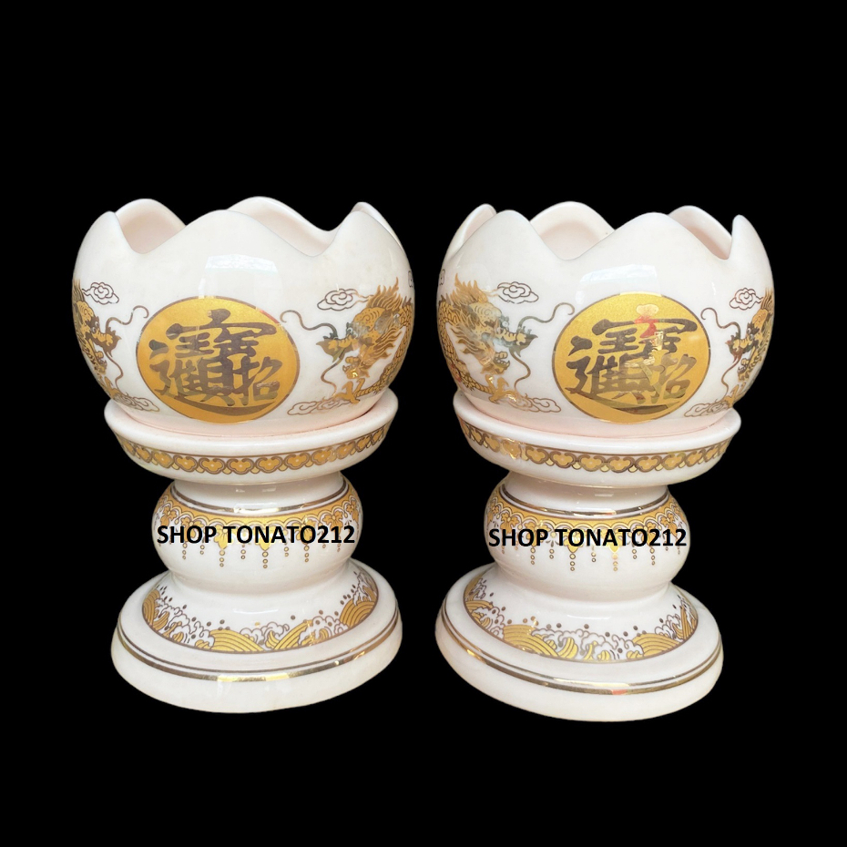 (GIÁ 1 CÁI)CHUNG ĐÈN CẦY,CHÂN NẾN SỨ SONG RỒNG MÀU HỒNG CAO 12CM