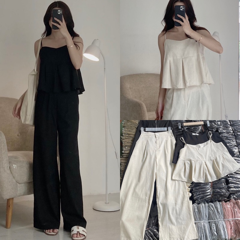 Set áo 2s peplum kèm quần suông cài nút có lưng chun sau có túi 2 bên freesize Pumi 14474