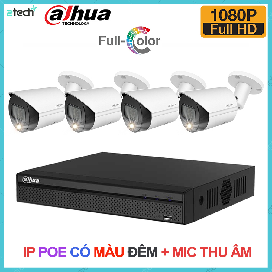 Bộ Camera IP PoE Dahua 2MP 1080P Có Màu Ban Đêm Tích Hợp Mic Thu Âm