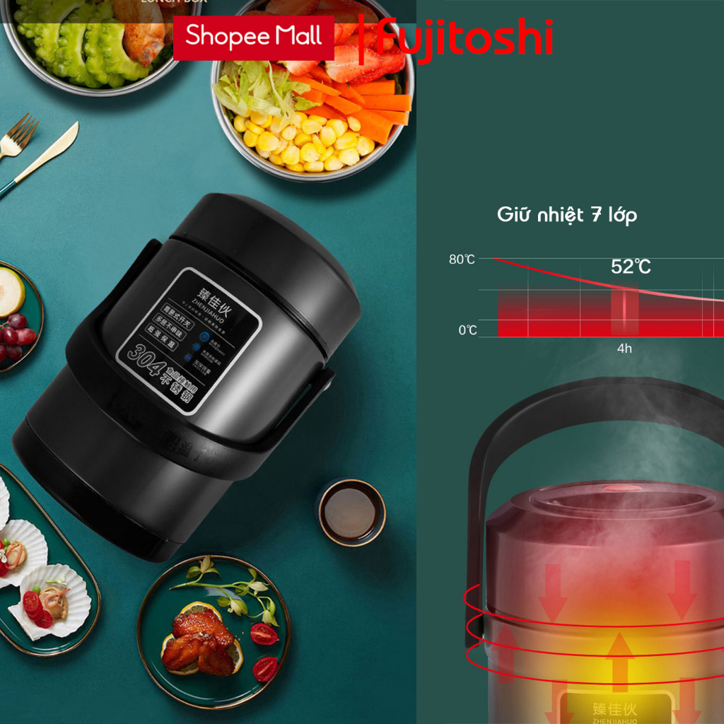 Hộp đựng cơm giữ nhiệt 3 tầng 3 khay Fujitoshi GN3T đựng cơm đồ ăn giữ nhiệt 4 - 6H