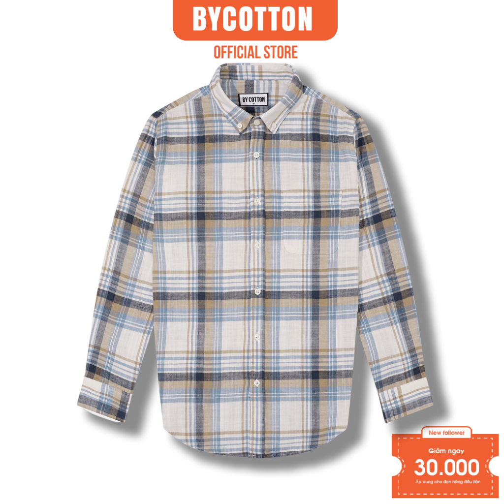 Áo Sơ Mi Nam Dài Tay Caro Sọc Nâu Phối Xanh BY COTTON Blue Brown Checked Flannel Shir