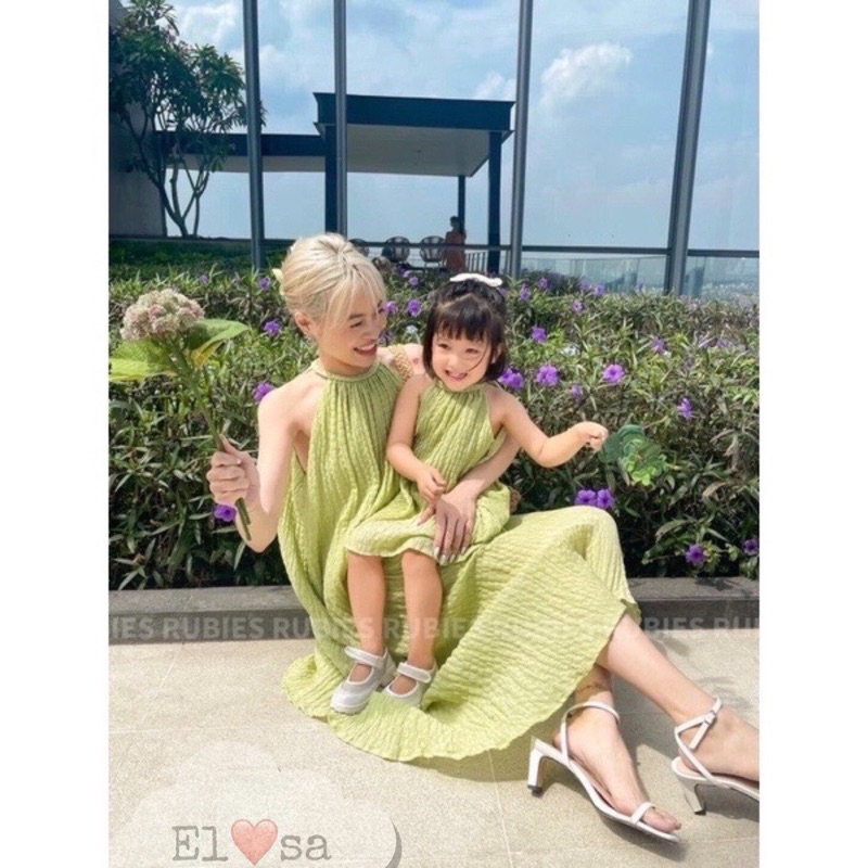 Sét váy maxi mẹ bé lụa tằm xinh yêu kèm bờm