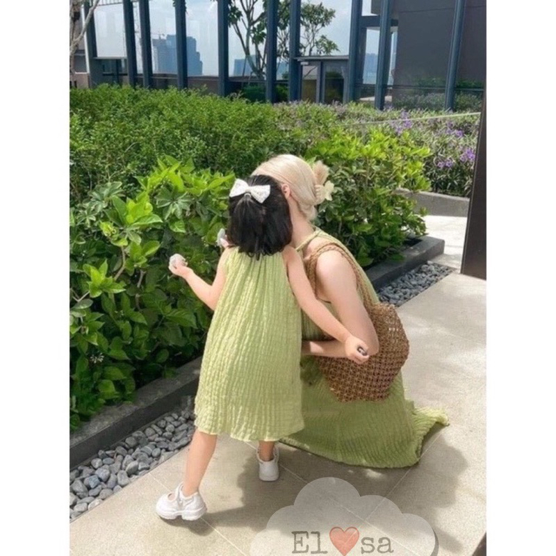 Sét váy maxi mẹ bé lụa tằm xinh yêu kèm bờm