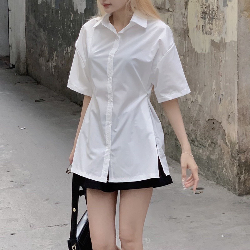 set áo sơ mi cộc tay có khuy bấm eo