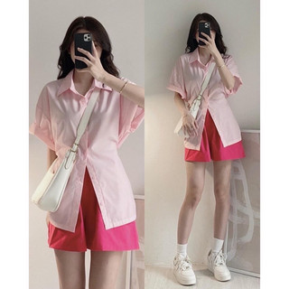 set áo sơ mi cộc tay có khuy bấm eo
