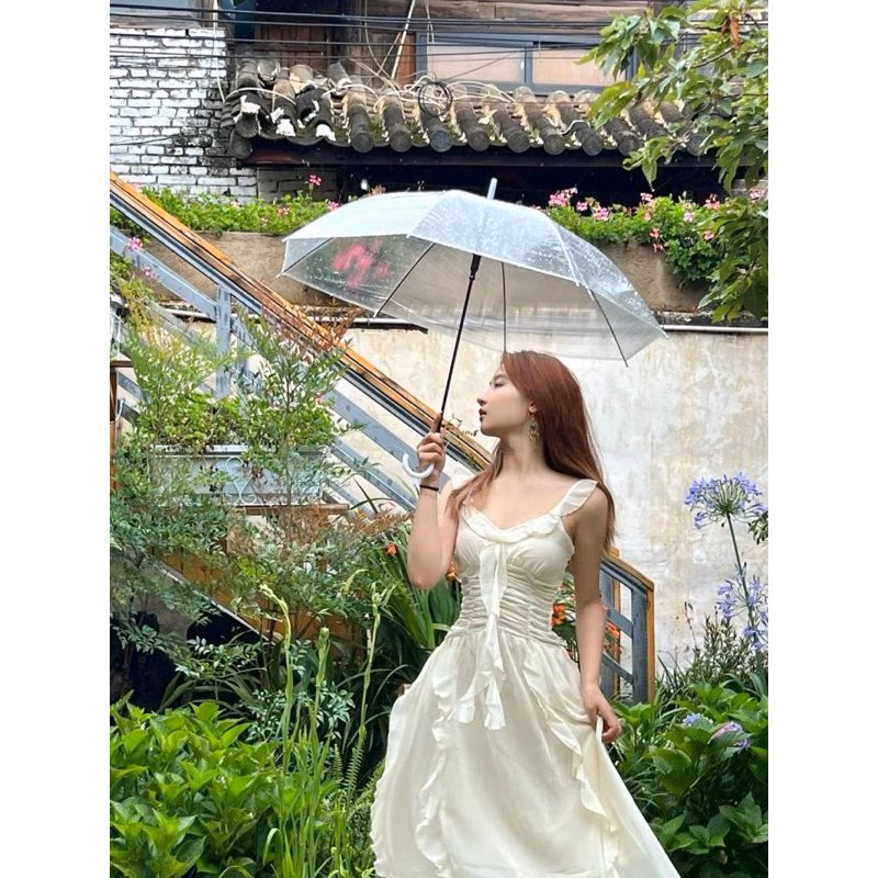 Váy tiểu thư ngọt ngào phối bèo sóng mây thướt tha thời trang nữ kèm feelback khách xinh V2BE