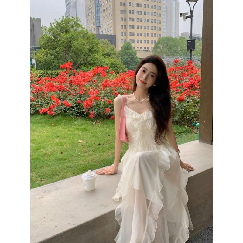 Váy tiểu thư ngọt ngào phối bèo sóng mây thướt tha thời trang nữ kèm feelback khách xinh V2BE