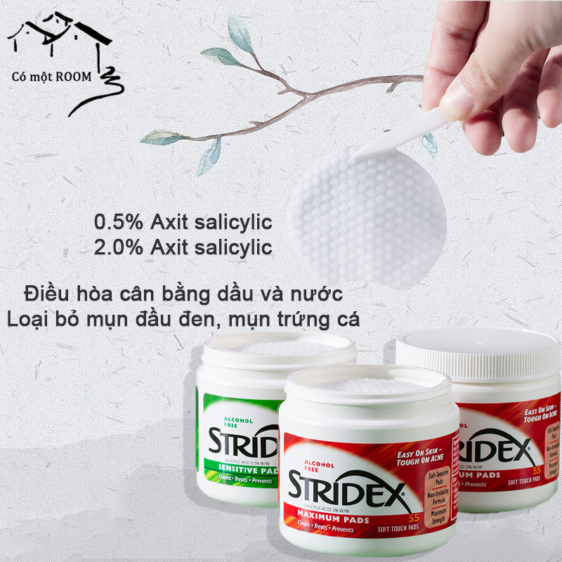Miếng bông chườm ướt Stridex Maximum 55 pads Điều hòa cân bằng dầu và nước, loại bỏ mụn đầu đen, mụn trứng cá