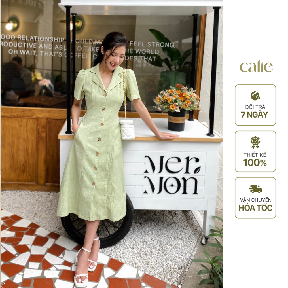 Váy midi 7 mảnh cổ 2 ve đính cúc dáng dài Calie VM105