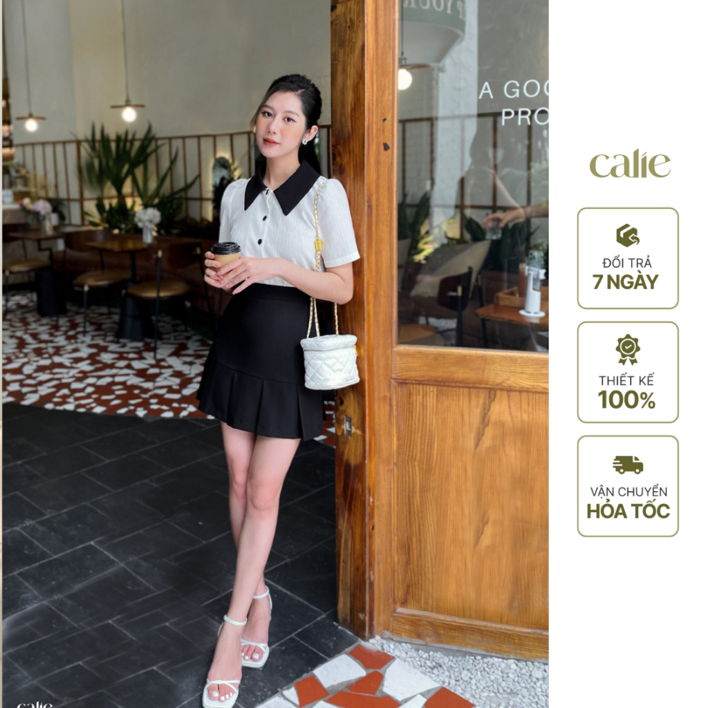 Áo cách điệu cổ phối trắng tay ngắn Calie AC244
