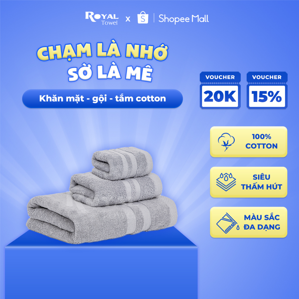 Khăn Tắm, Khăn Gội Đầu, Khăn Lau Mặt ROYAL TOWEL 100% Cotton Mềm Mại, Thấm Hút, Kháng Khuẩn