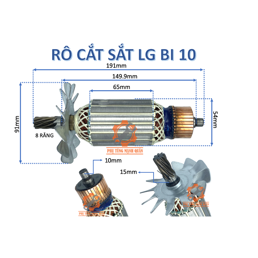 Rotor/ruột máy cắt sắt LG bi đuôi 10mm 8 răng dấu sắc tặng kèm chổi than